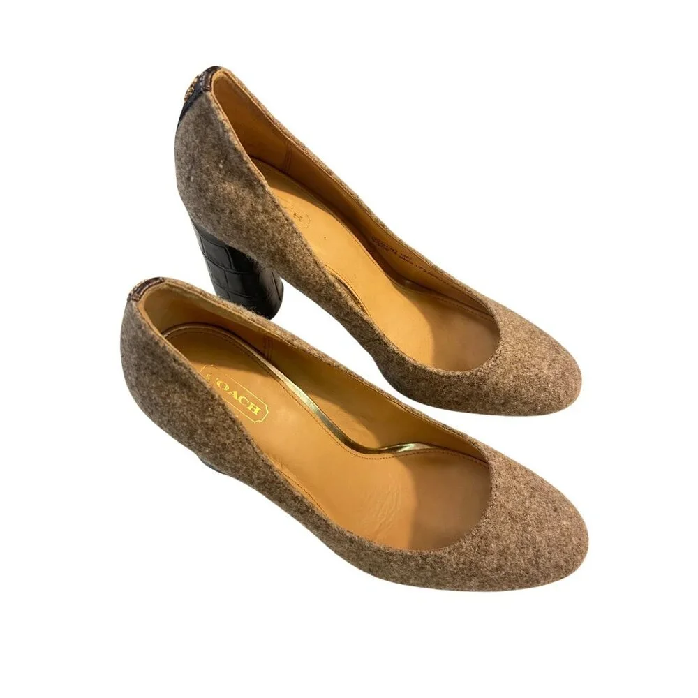 COACH Ophelia Taupe Wool Fabric Brown Leather Croc Embossed Pumps Size 9.5B - Picture 2 of 7
